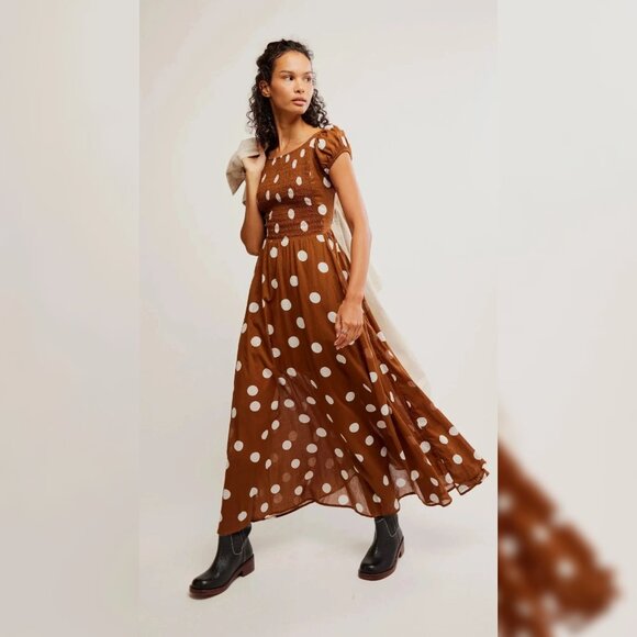 Free People Dresses & Skirts - Free People Ultraviolet Dress Oak M 8 Women's Smocked Polka Dot Maxi NEW 44592